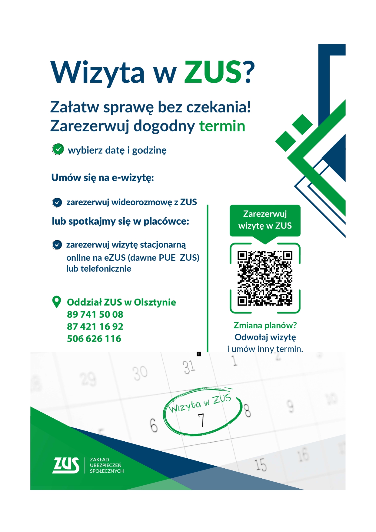 Plakat informacyjny - rezerwacje wizyt w ZUS